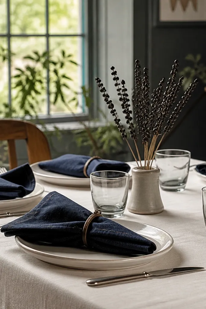 Warm white tablecloth with dark denim napkins and small peppercorn stems