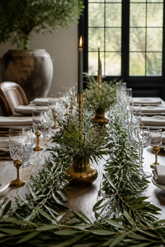 Olive branch runner with brass place card holders and simple plates