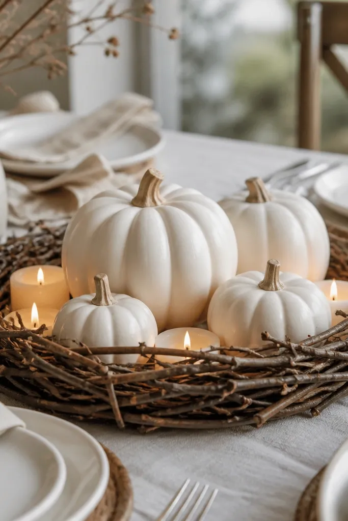 Cream ceramic pumpkins with a twig candle ring centerpiece