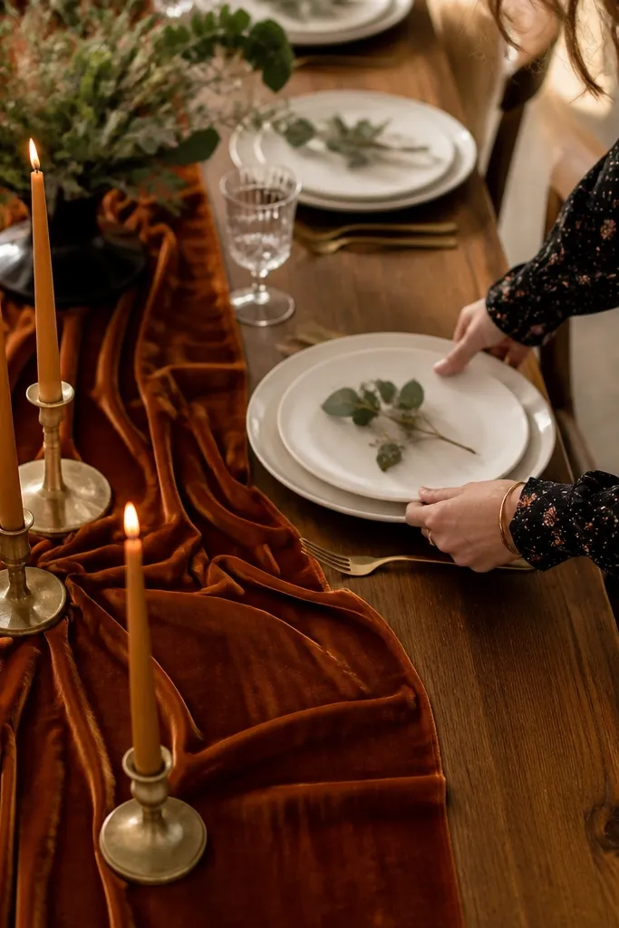 Rust velvet ribbon runner with matte brass candlesticks and neutral plates