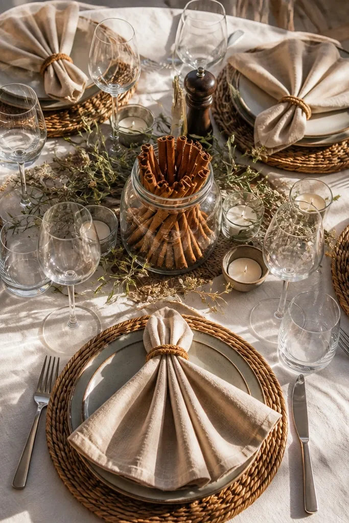 Cinnamon sticks in a low glass jar with linen napkins fanned out
