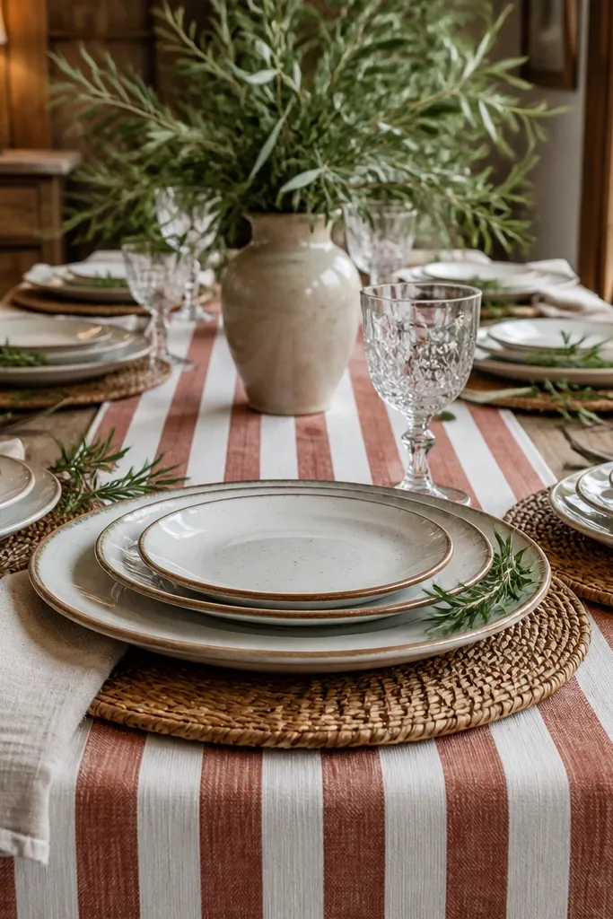 Terracotta and white striped runner with stacked plates and rosemary sprigs