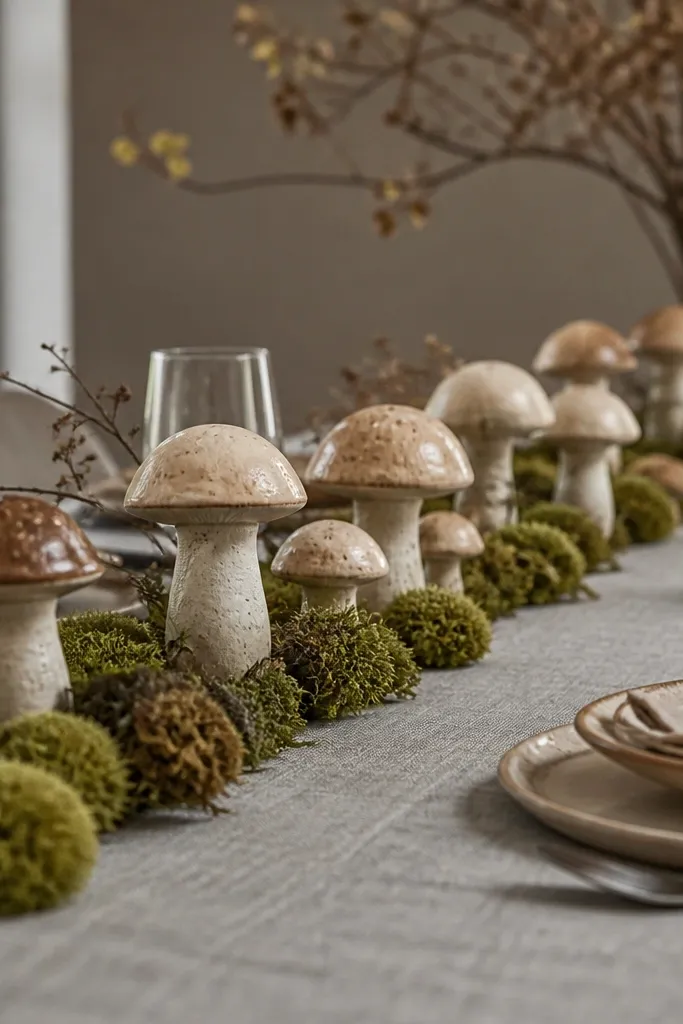 Warm gray tablecloth with ceramic mushrooms and a strip of soft moss