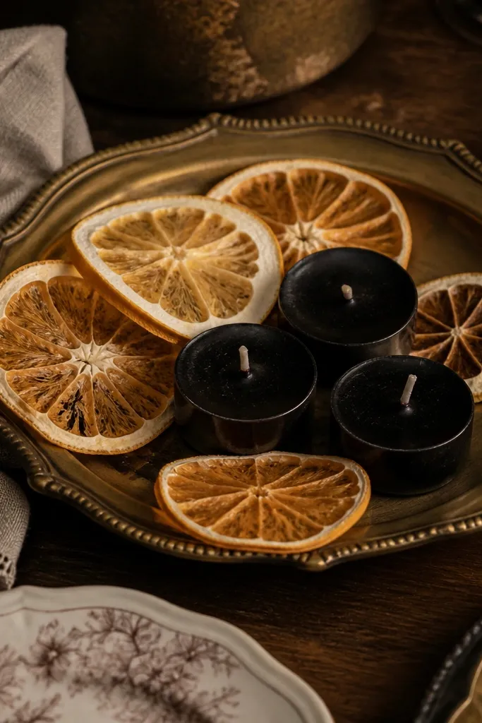 Antique brass tray with dried citrus slices and dark tea candles
