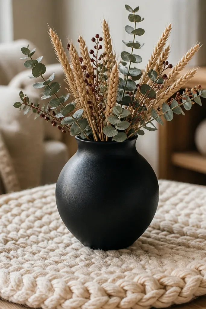 Cream chunky knit placemats with a black ceramic vase and a short bouquet