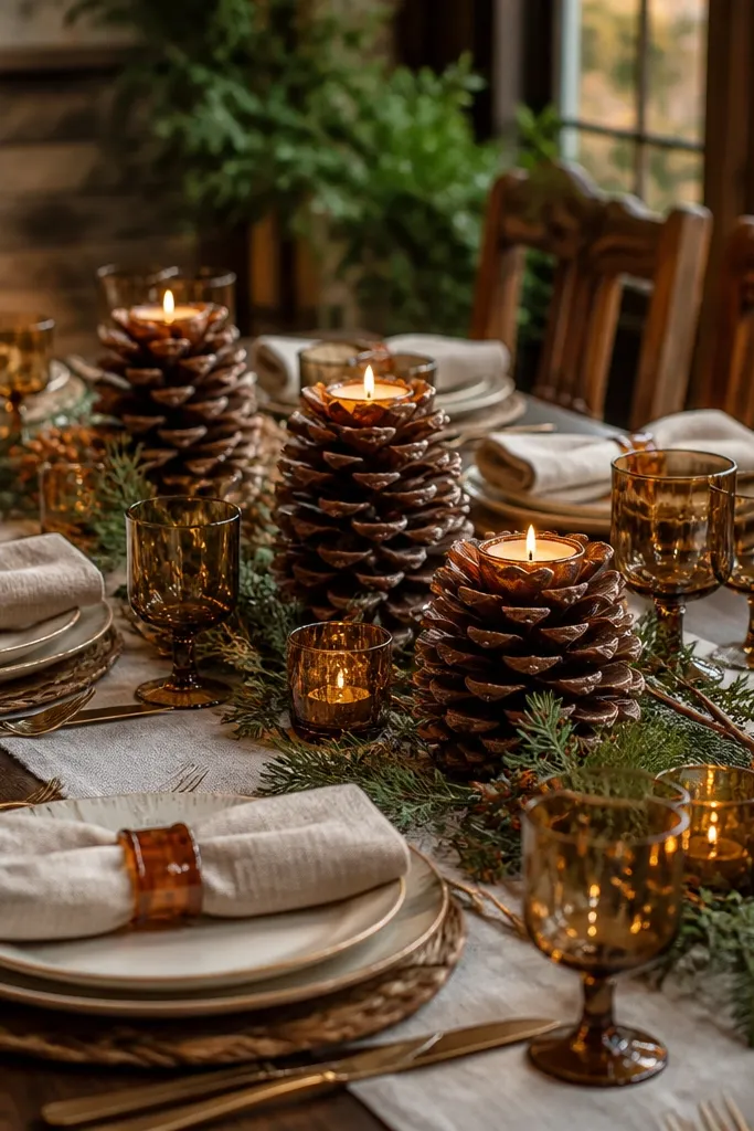 Pinecone candle holders with warm amber napkin rings on a dining table