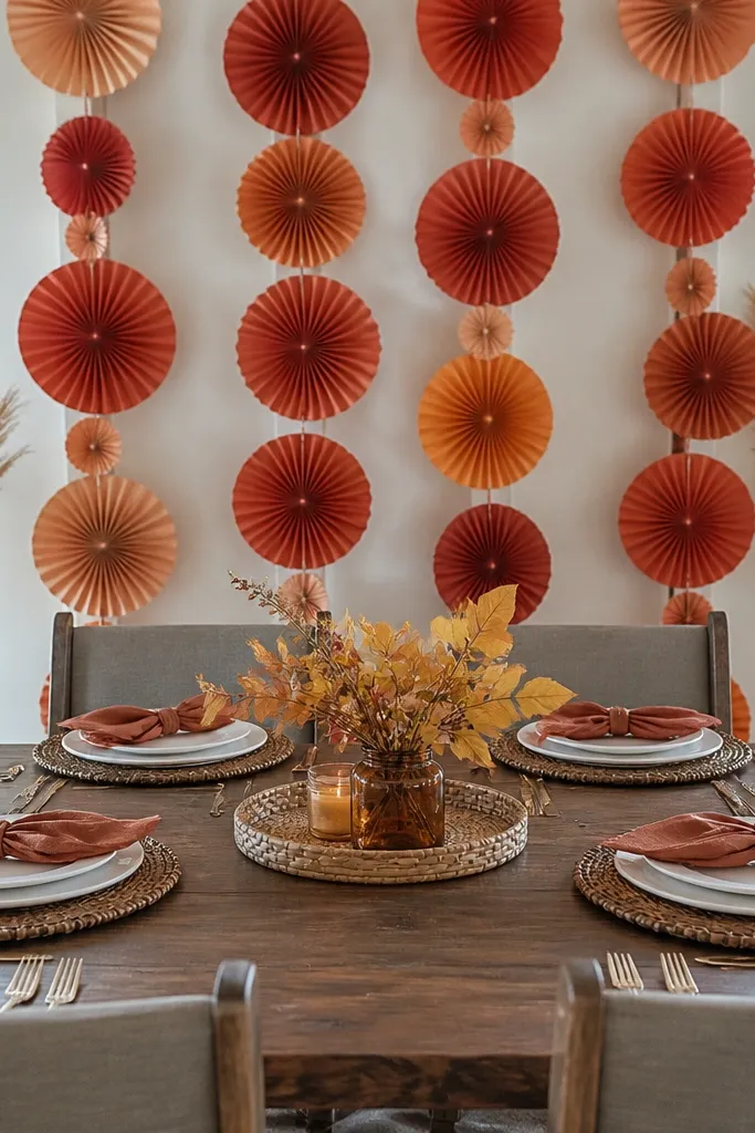 Rust paper fan garland behind chairs with a low centerpiece on the table