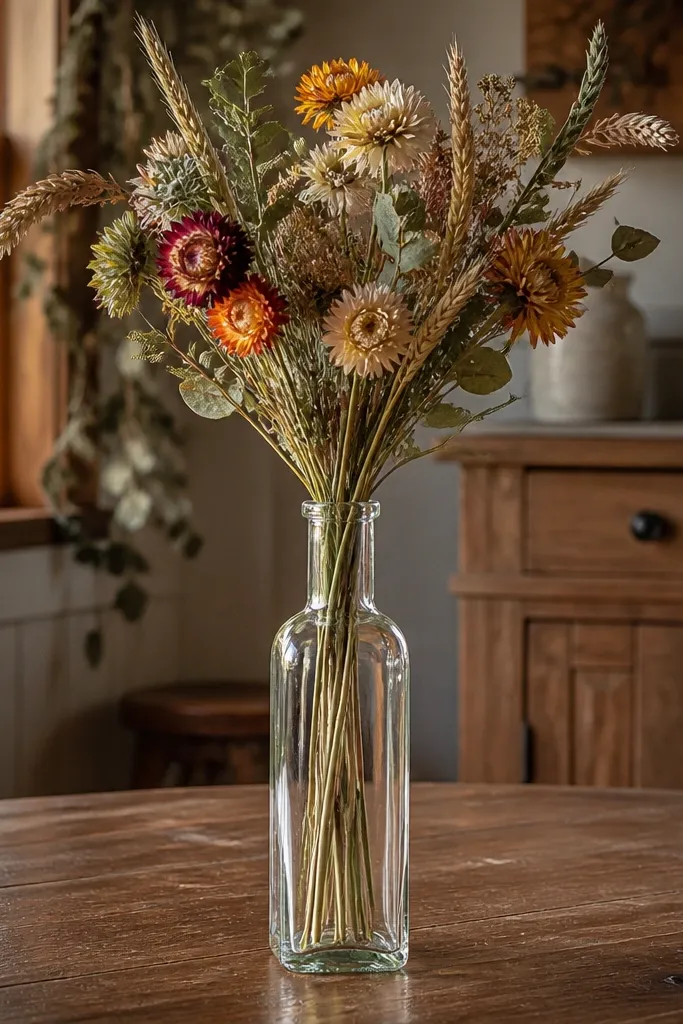 Tall bottle vase with dried straw flowers and muted fall stems