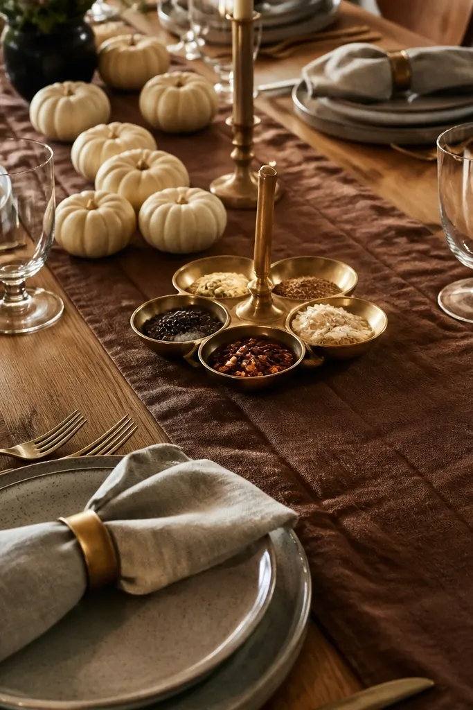 Walnut-toned runner with small white pumpkins and a brass spice dish in the center