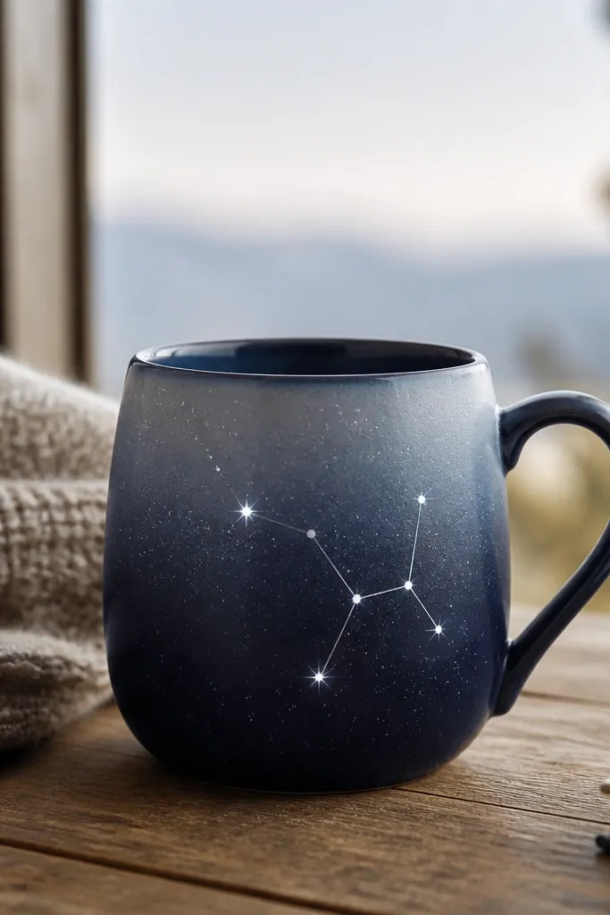 A dark navy mug with a smooth gradient that fades upward. Tiny white star dots form a simple constellation line, and a few stars look slightly brighter.