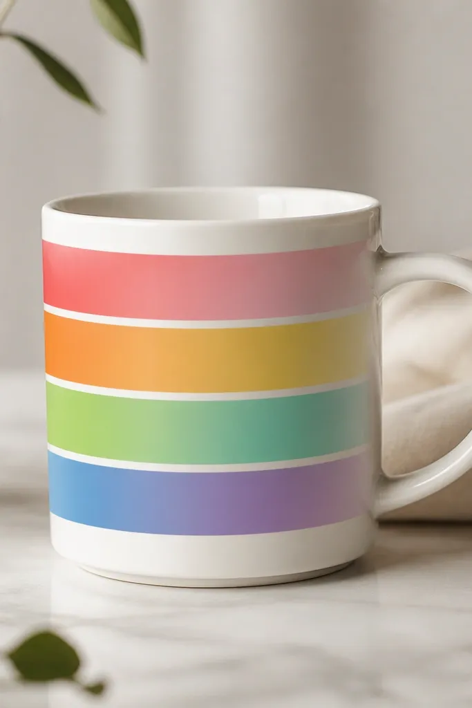 A white mug with five horizontal ombre bands: coral to pink, orange to yellow, green to teal, and blue to purple, fading smoothly from left to right.