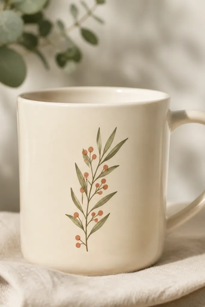 A cream mug with a vertical sprig: thin sage-green leaves and small terracotta berries. The sprig is centered and slightly angled to the right.