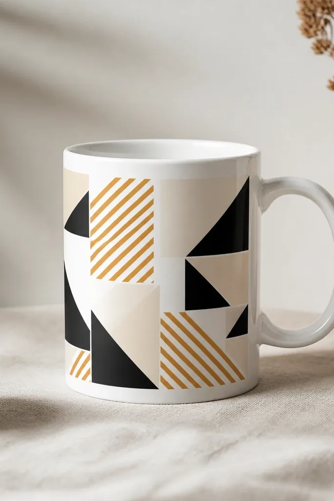 A white mug with sharp-edged blocks: black triangles, cream rectangles, and ochre diagonal stripes. The pattern wraps around the mug body without touching the handle.