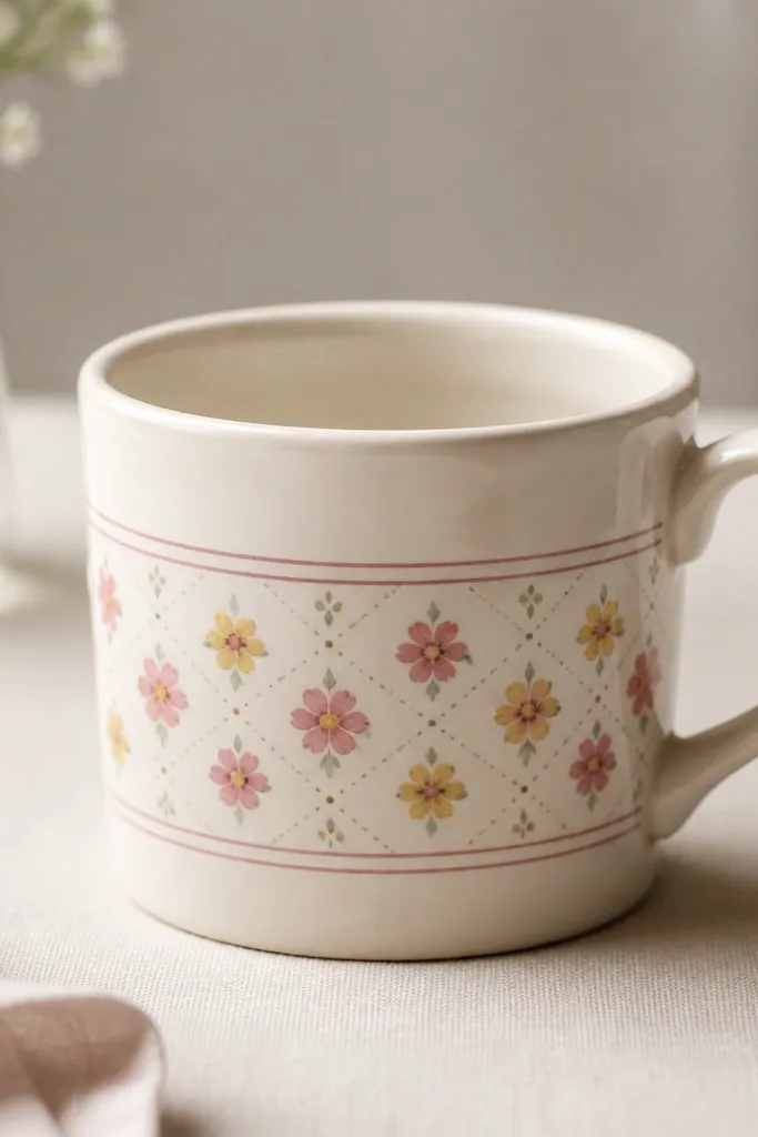 A mug with a thin double-line border around the middle. Inside are tiny five-petal flowers in muted pink and yellow, with a small dot pattern in the corners.