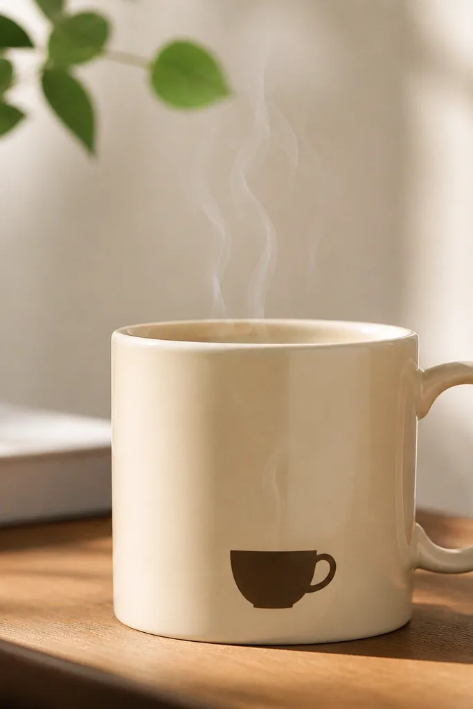 A cream mug with a simple cocoa cup silhouette in dark brown near the bottom. Above it, three thin white steam lines curl upward and fade into the background.