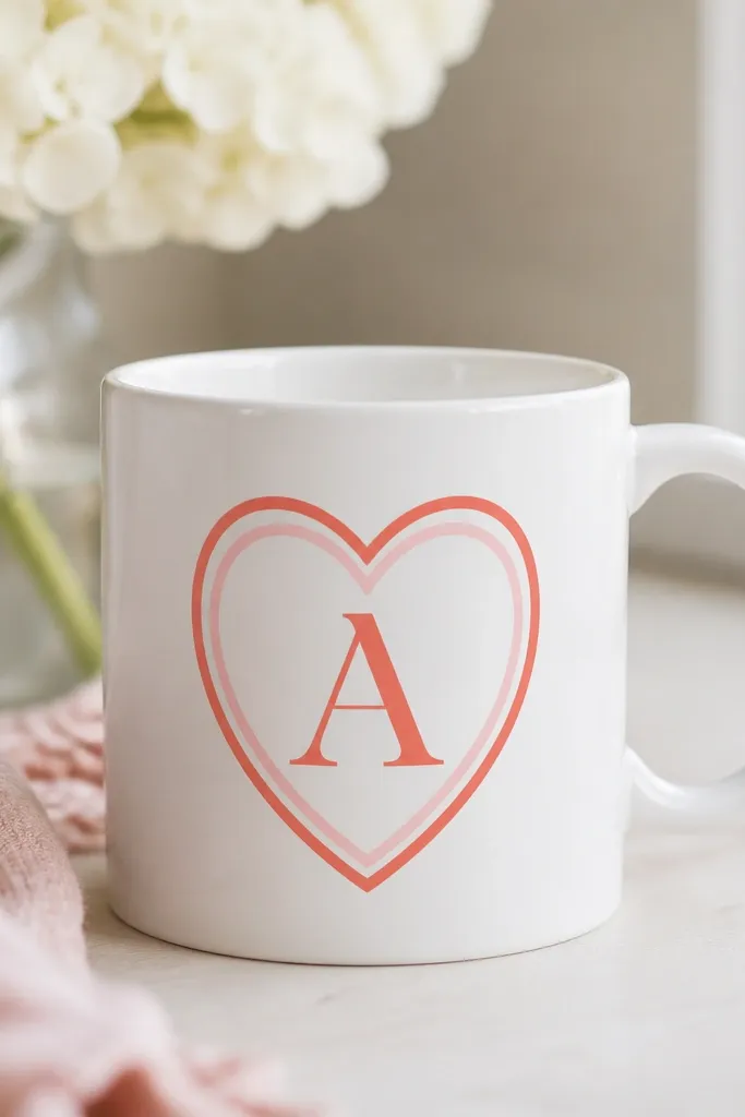 A white mug with a large uppercase letter inside a heart outline. The heart is two-tone: coral outer stroke and a lighter pink inner stroke.