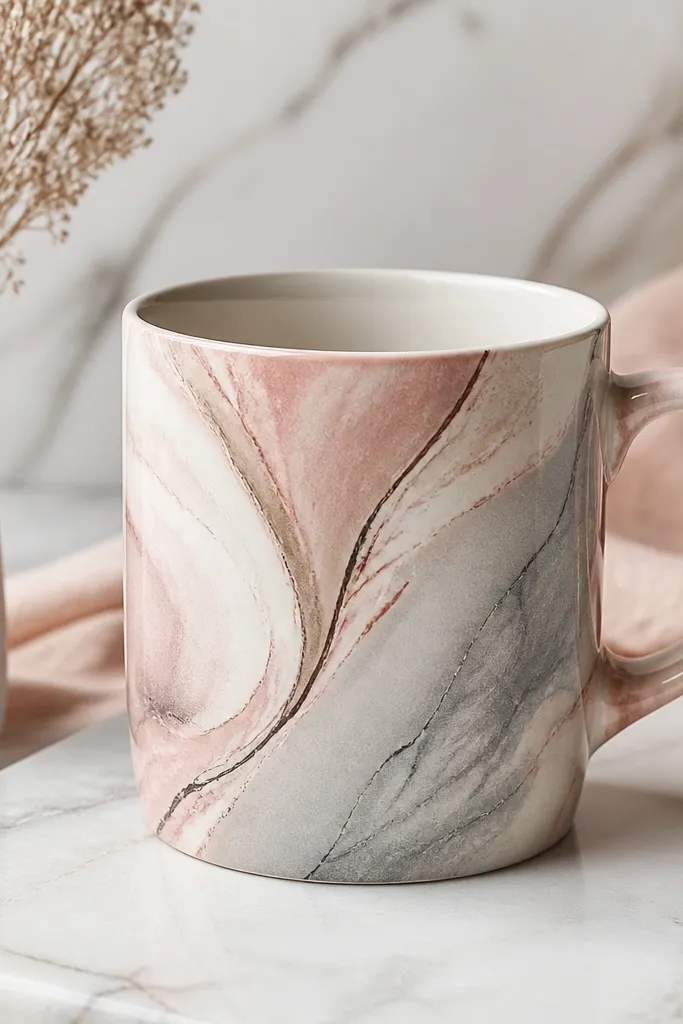 A mug with a soft marbled background in dusty rose, cream, and gray. Thin darker veins curve through the colors like stone.