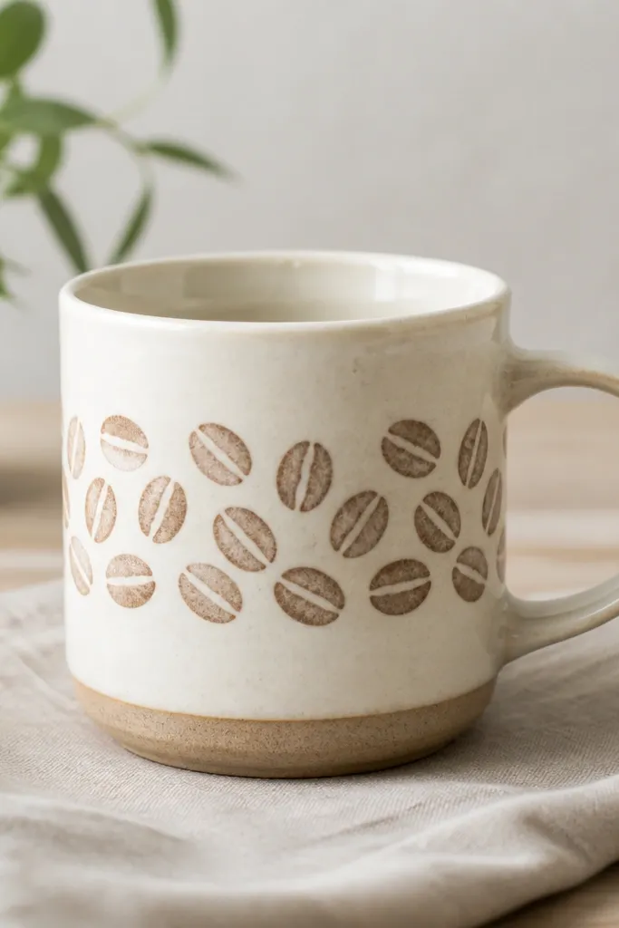 A mug with a repeating coffee-bean pattern around the middle band. Beans are stamped in medium brown, then lightly washed with lighter brown for softness.
