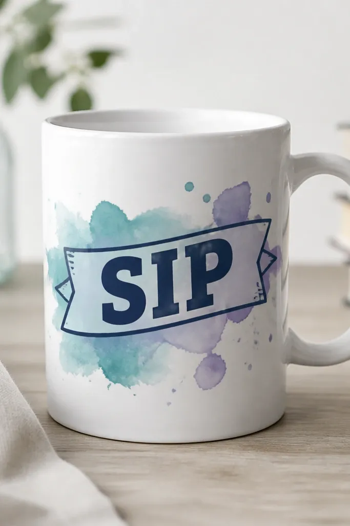 A white mug with a watercolor wash in teal and lavender across the middle. Over it, a bold banner says "Sip" in dark navy block letters.