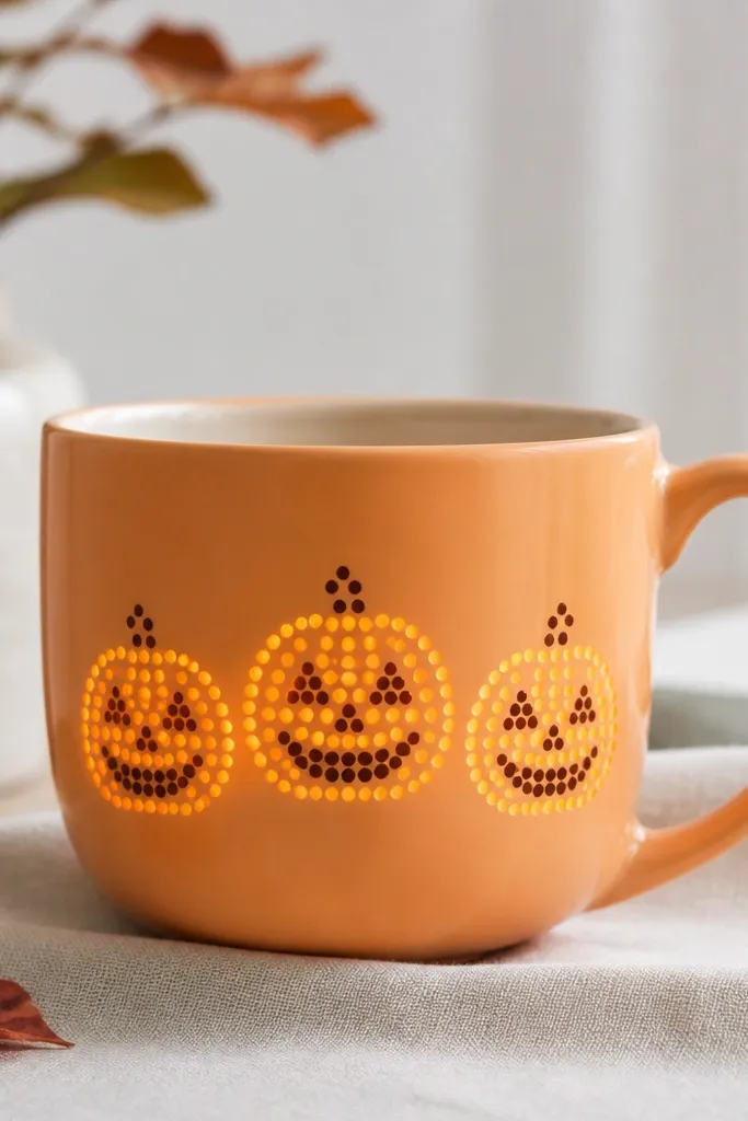 A light orange mug with three small jack-o-lantern faces made from dot clusters. Eyes and mouths are darker orange and brown dots with a slight glow effect.