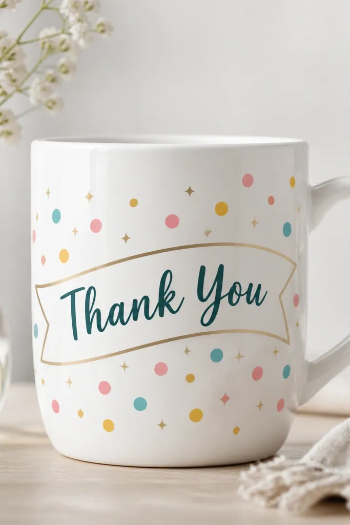 A white mug with a curved banner strip reading "Thank You" in dark teal. Around the banner are confetti dots in pink, yellow, and teal, plus small gold sparkle accents.