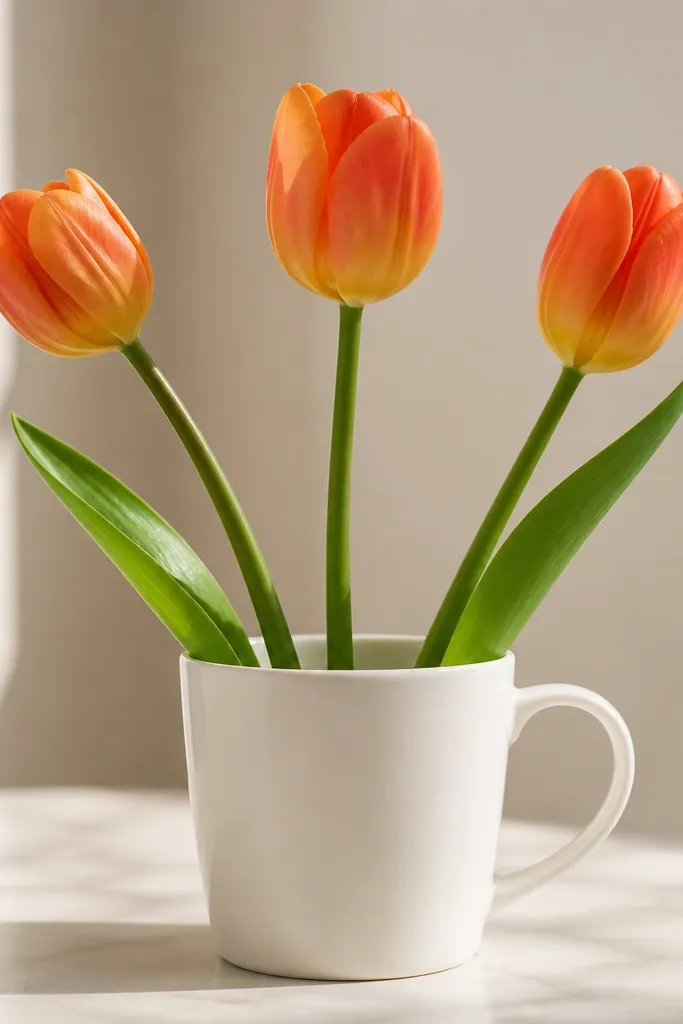 A white mug with three tulips: petals in coral and yellow gradient, green stems with a darker green stripe, and two leaves on the sides.