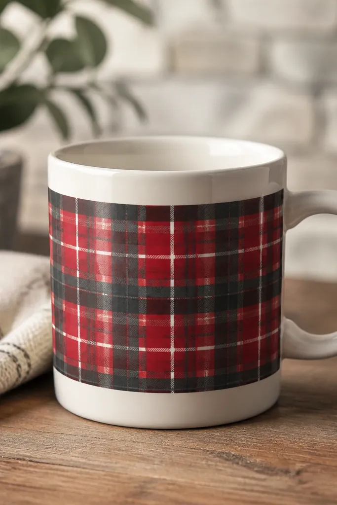 A mug with a plaid pattern band: charcoal grid lines with red blocks and thin white separators. The pattern wraps evenly around the middle.