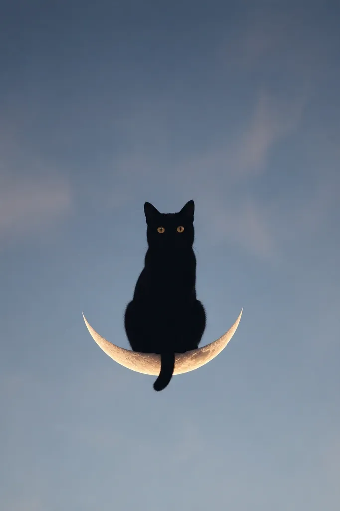 A black cat silhouette sitting on a tiny crescent moon shape. The cat's eyes are painted gold circles with small white highlight dots.
