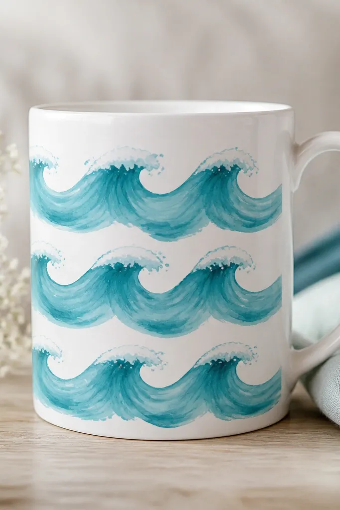 A white mug with three wave rows. Main waves are painted turquoise, with seafoam white highlights and tiny dot foam flecks near the crests.