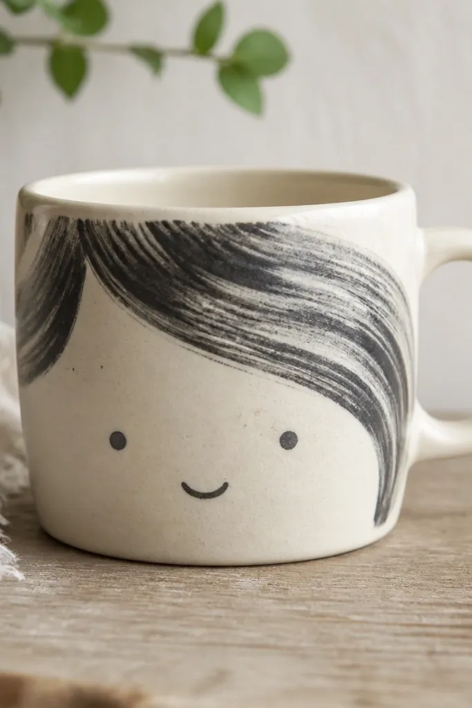 A cream mug with a simple face in charcoal: two dot eyes and a small curved mouth. Hair is made from sweeping brushstroke lines in dark gray.