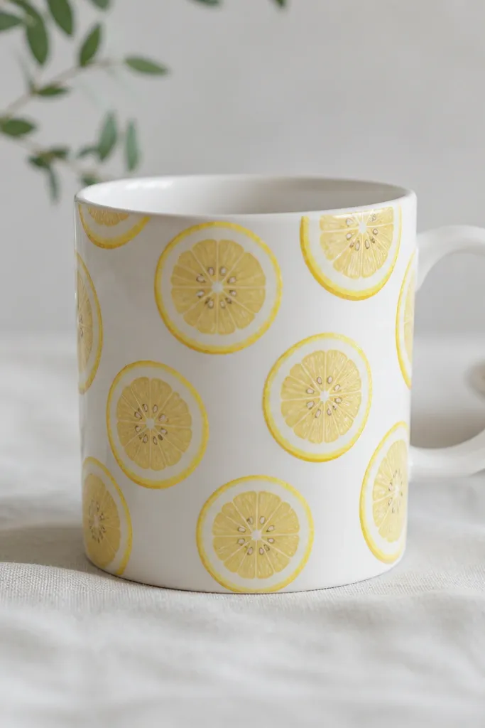 A white mug covered in repeated lemon slices. Each slice has a textured yellow rind and a pale center with tiny seeds as dots.