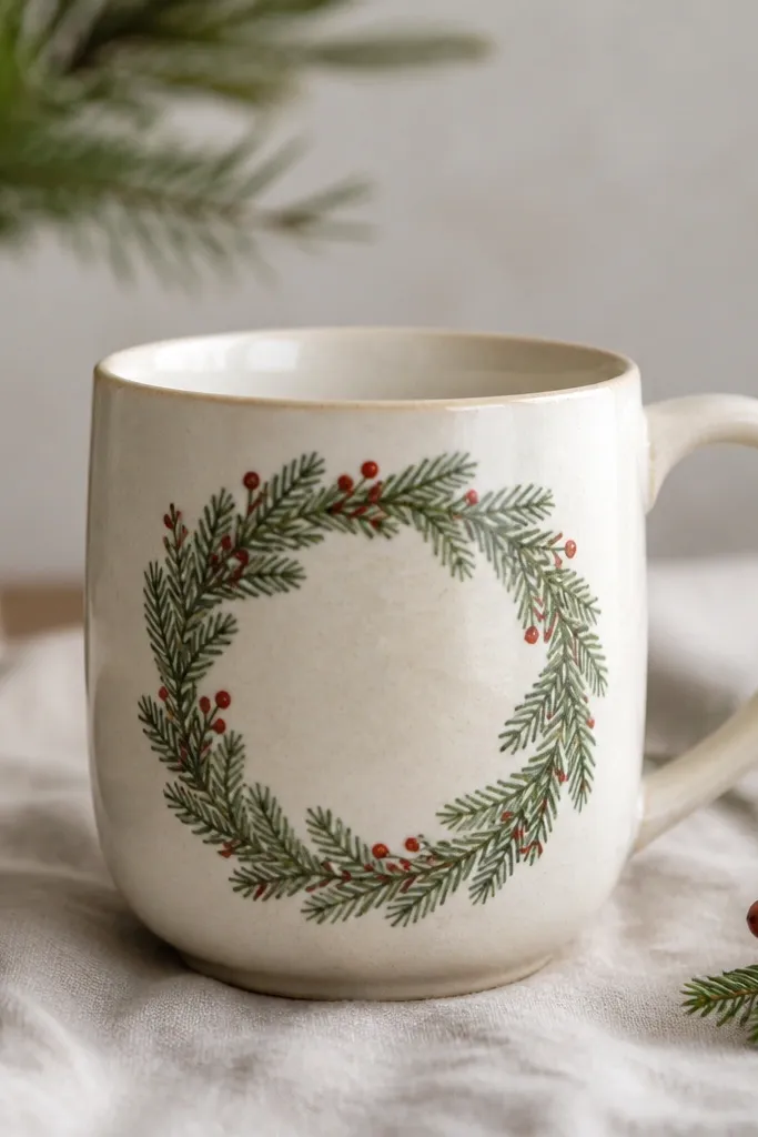 A green wreath painted around the middle of the mug. Pine needles are short strokes, and small red berries dot the wreath edges.