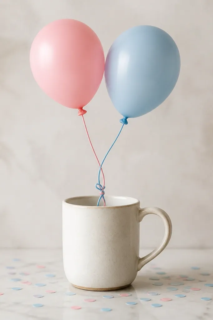A mug with two balloons in pastel pink and light blue. Strings loop downward and end in a small knot, with tiny confetti dots scattered around.