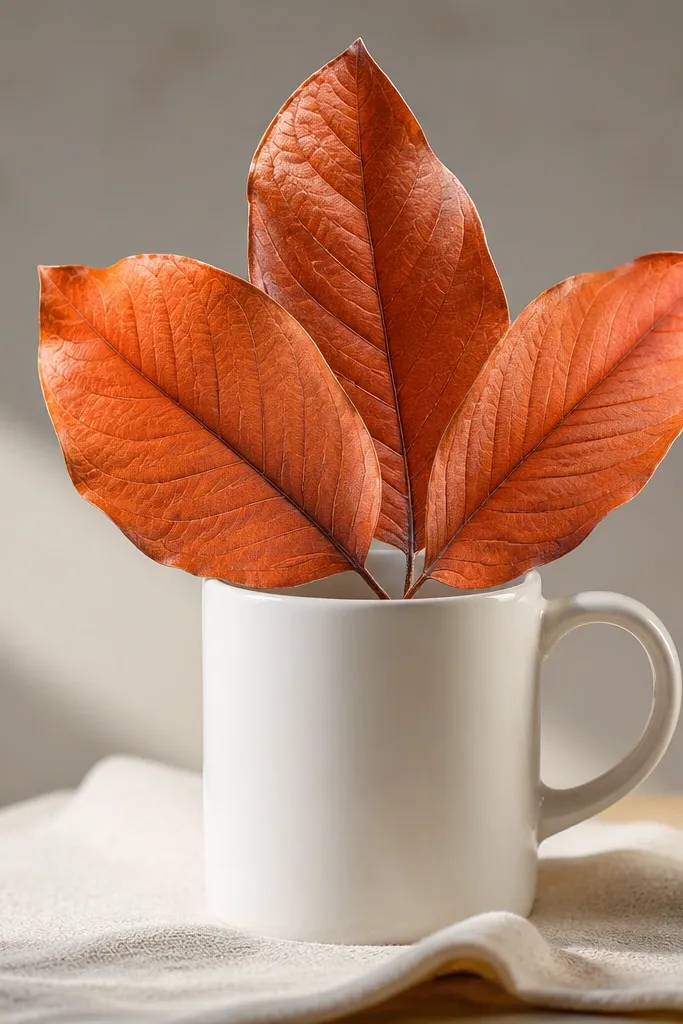 A white mug with a cluster of three large leaves. Leaves are burnt orange with darker veins and a few lighter highlights along the edges.
