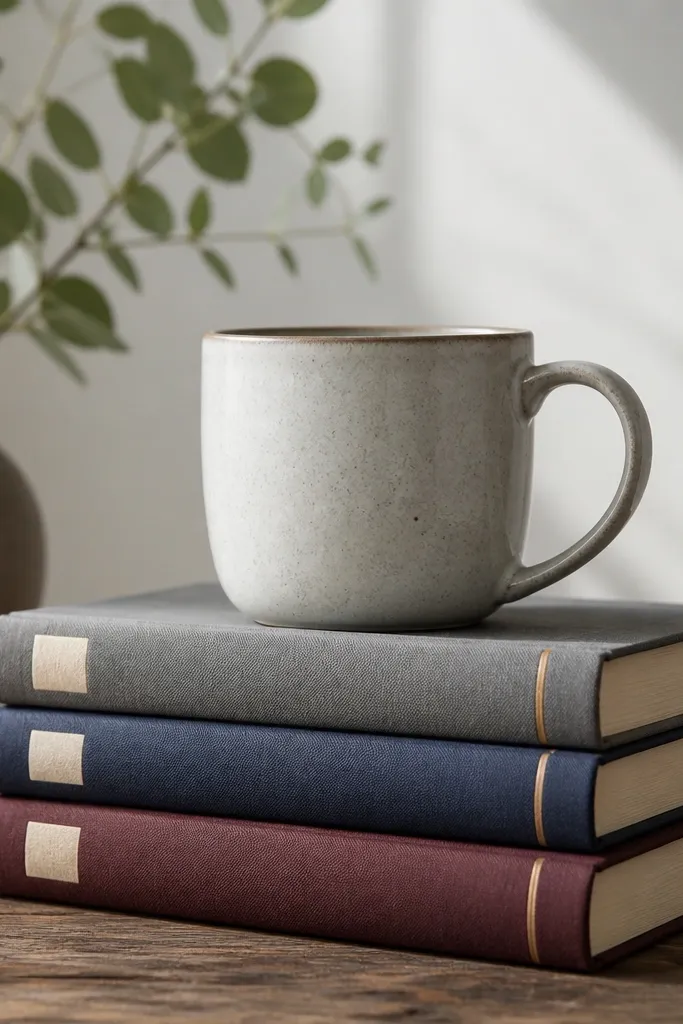 A mug with three stacked book spines. Spines are in muted gray, navy, and burgundy, with tiny label rectangles and a thin bookmark stripe.