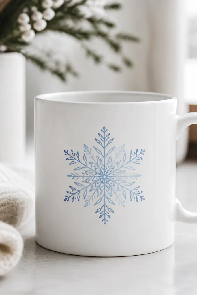 A white mug with a single snowflake mandala near the center. Lines are painted in light blue with slightly darker blue accents at the ends of branches.
