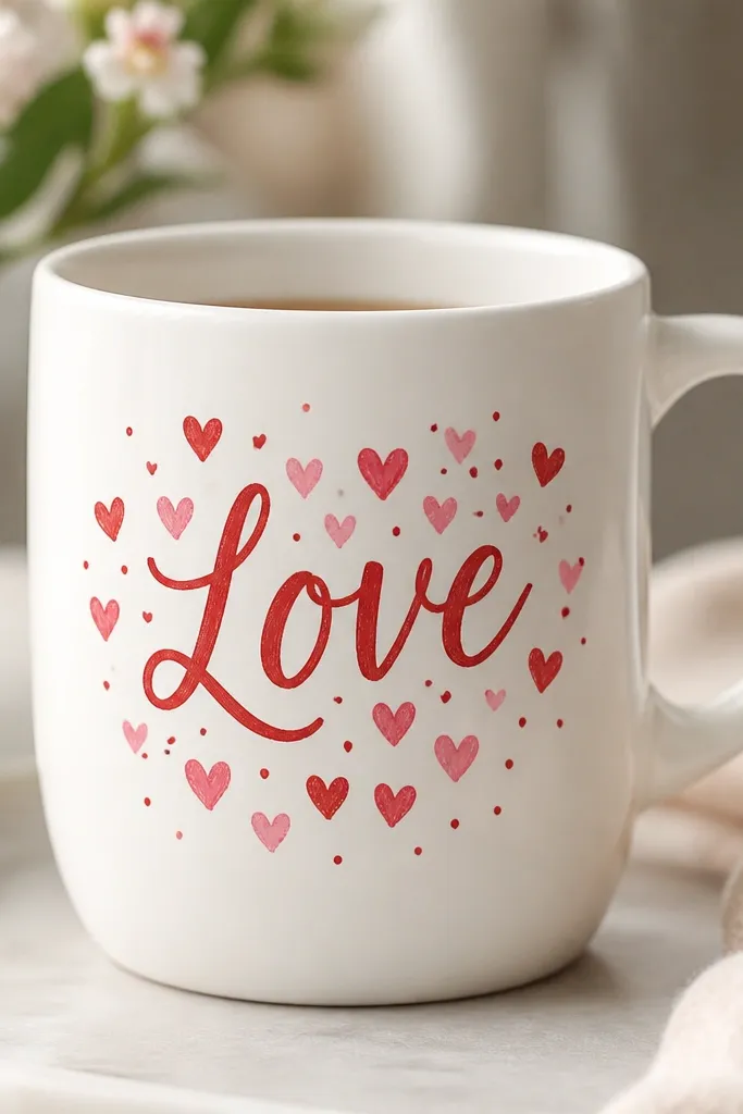 A mug with the word "Love" in a script-like paint pen style. Around the letters is a halo of small hearts in red and pink, with a few tiny dots.