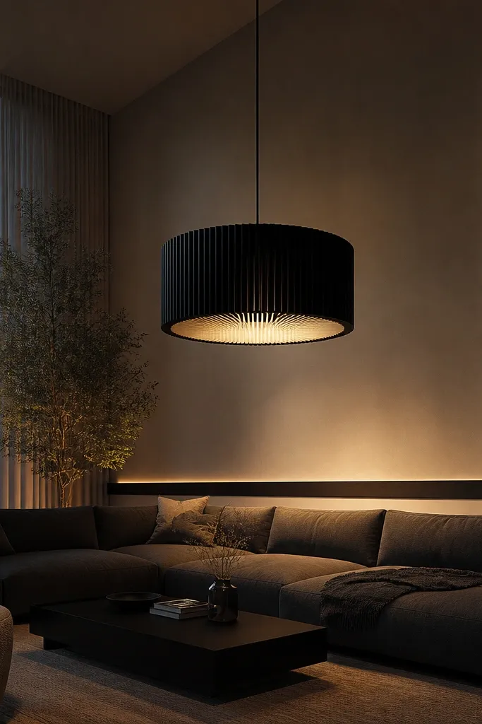 Black louvered pendant hanging over a sofa with warm light on the wall behind