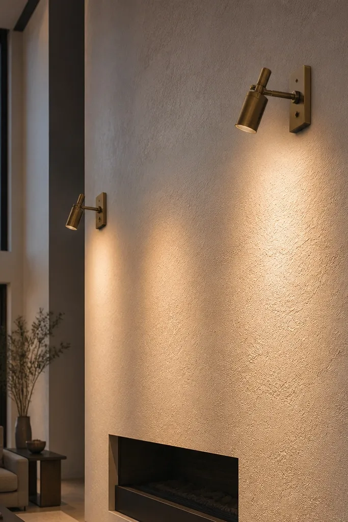 Two warm wall sconces aimed upward to create a smooth glow on tall walls
