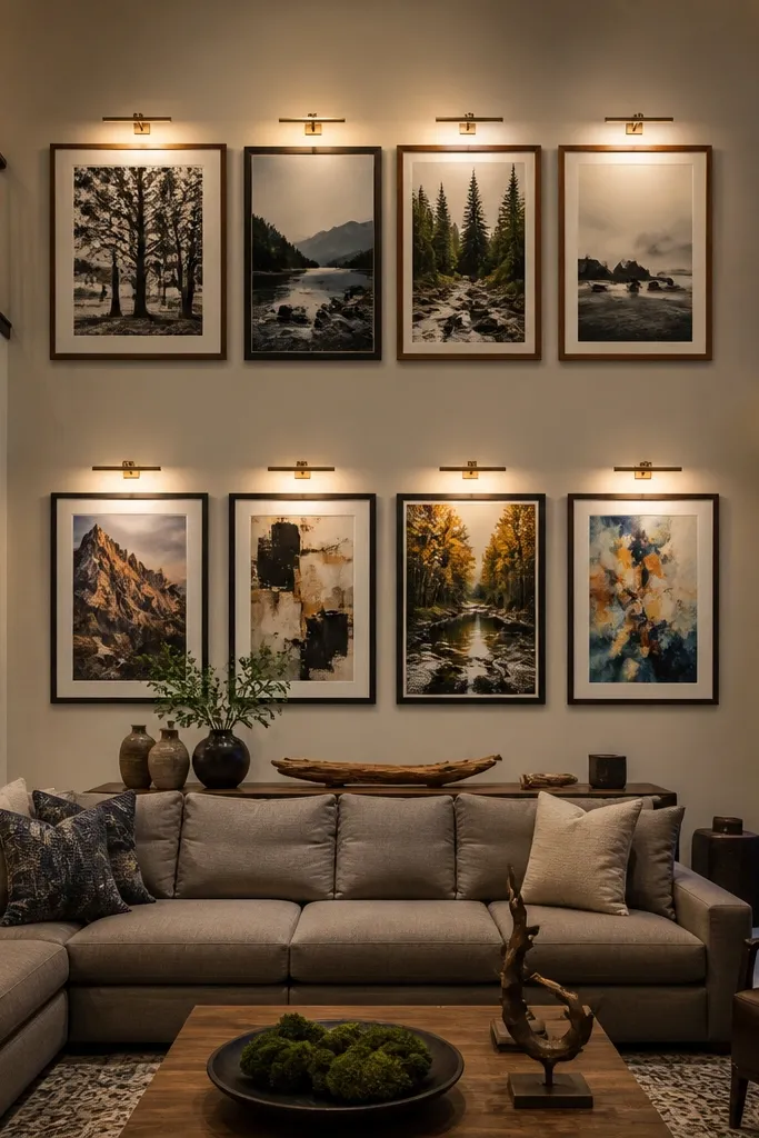 Linear picture lights above framed art with even warm illumination
