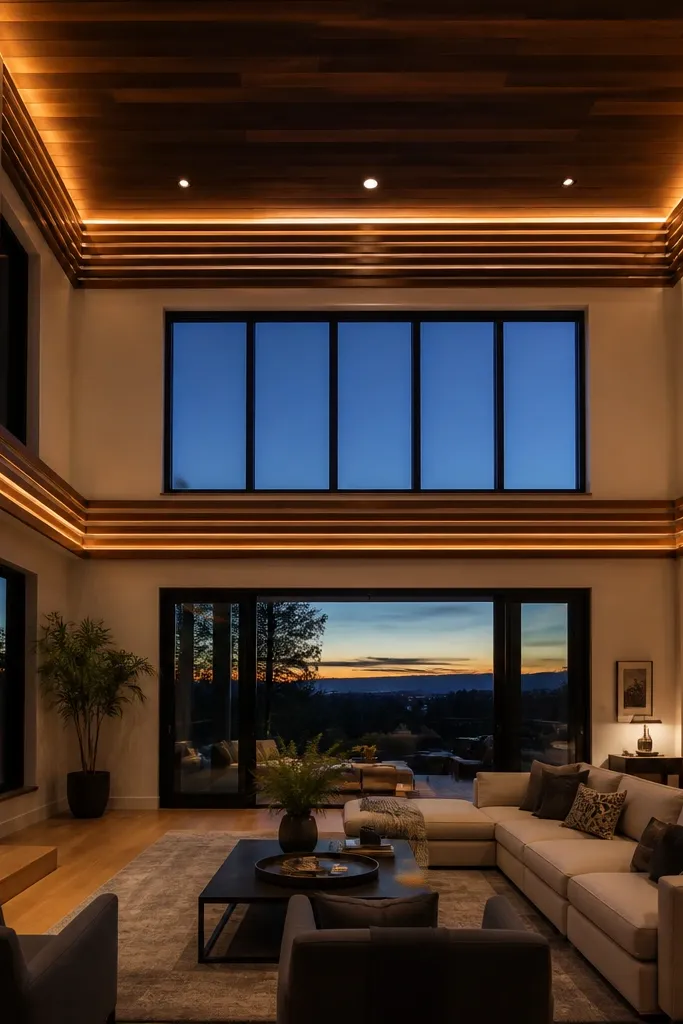 Warm rope light hidden behind wood slats along the ceiling border