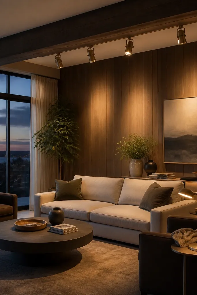 Ceiling beam with adjustable track lights aimed at seating and wall textures