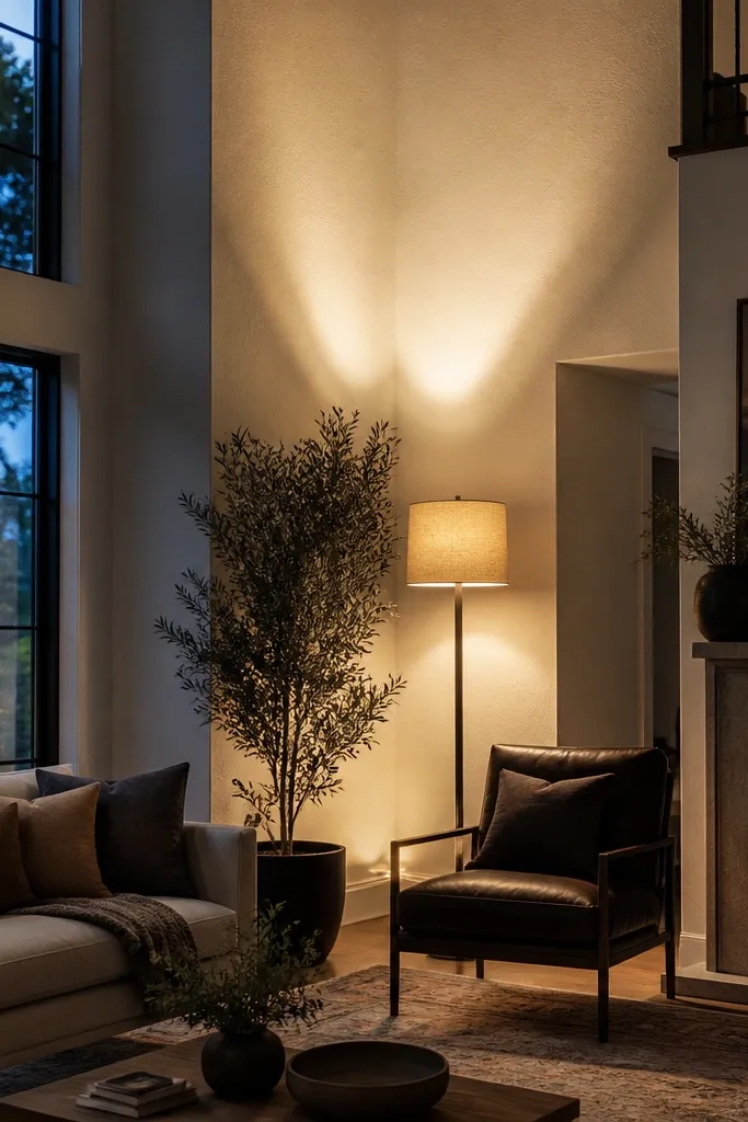 Linen floor lamp with a warm glow up the wall behind the sofa