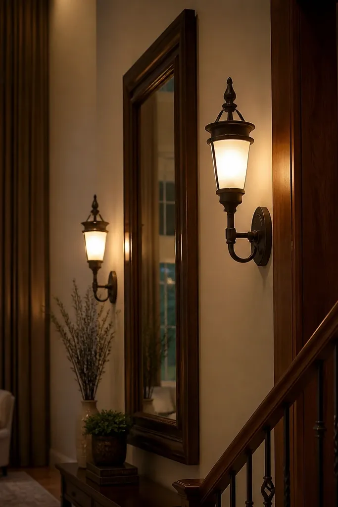 Black gas-style sconces with frosted bulbs on tall walls
