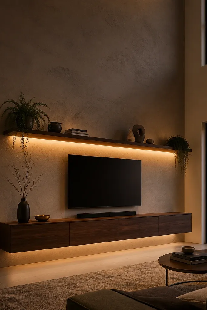 Warm LED strip lighting under a floating shelf beneath a double-height living room wall