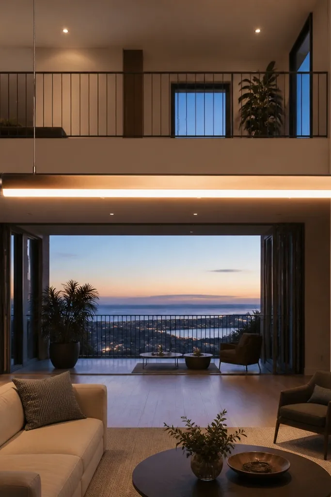 A slim linear light bar suspended above the balcony with warm even illumination