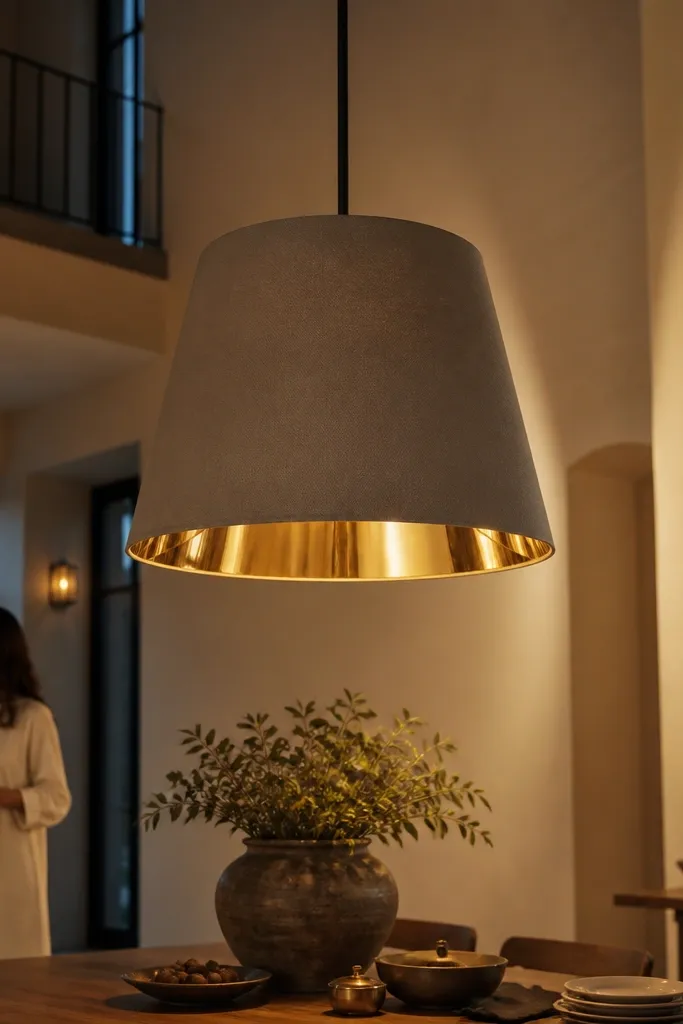 Tapered pendant with brass inside shade casting warm light downward
