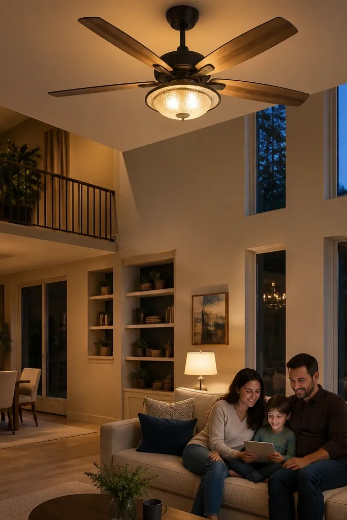 Ceiling fan with a warm recessed light diffuser creating even ceiling glow
