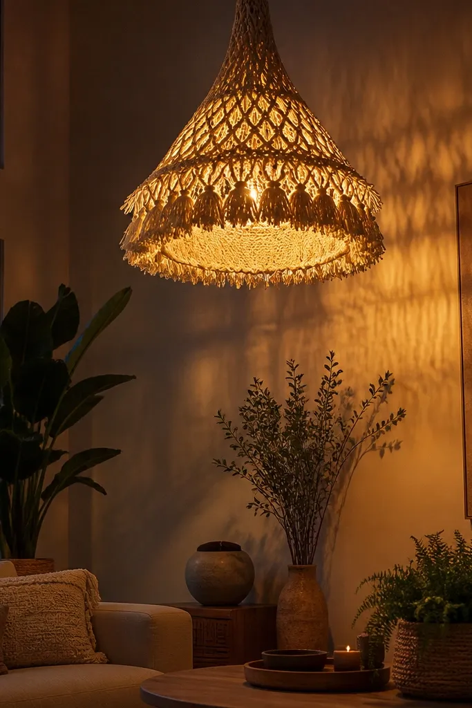 Macramé shade with warm LED candle bulbs casting soft light and shadows