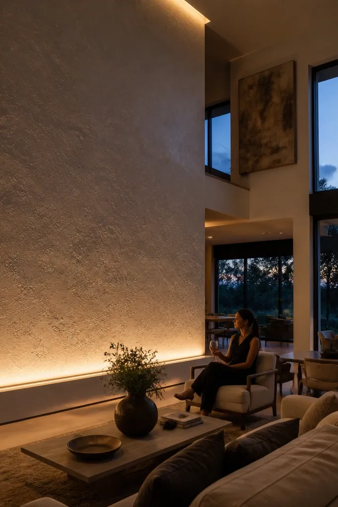 Warm linear lights grazing a textured plaster wall
